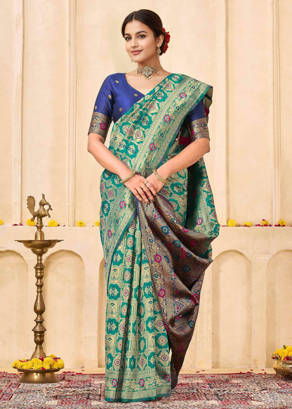 Elegant Rama Green Banarasi Silk Saree with Royal Zari Weaving