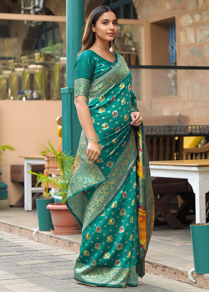 Teal Green Banarasi Silk Saree with Antique Gold Zari Work