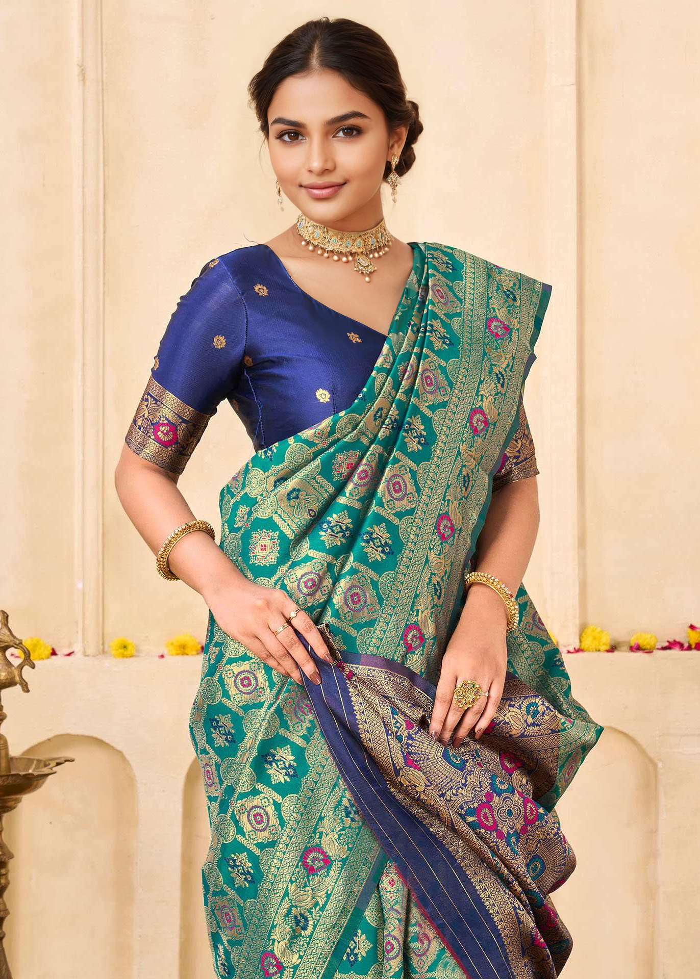 Elegant Rama Green Banarasi Silk Saree with Royal Zari Weaving