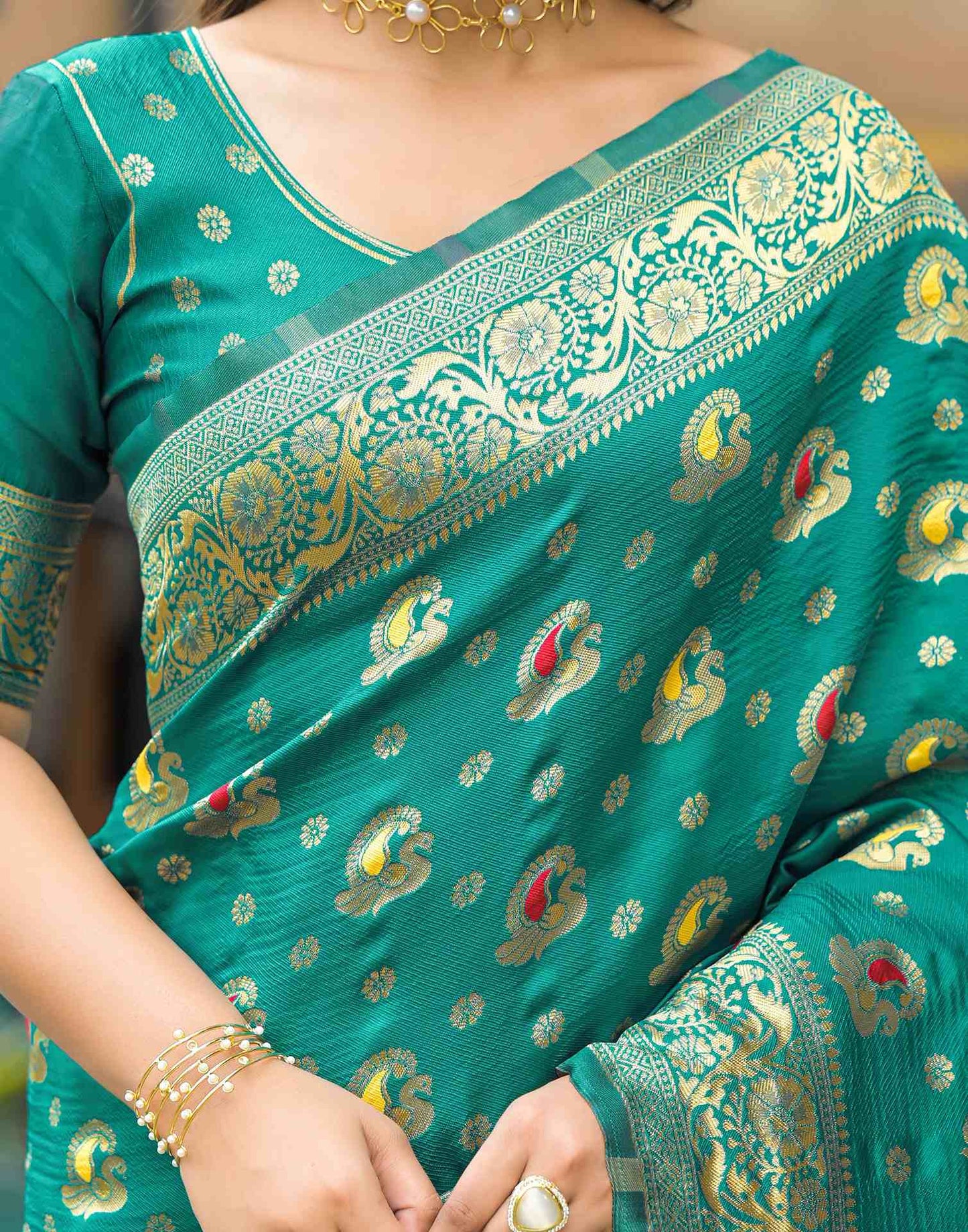 Teal Green Banarasi Silk Saree with Antique Gold Zari Work