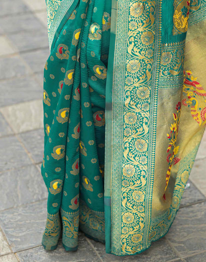 Teal Green Banarasi Silk Saree with Antique Gold Zari Work