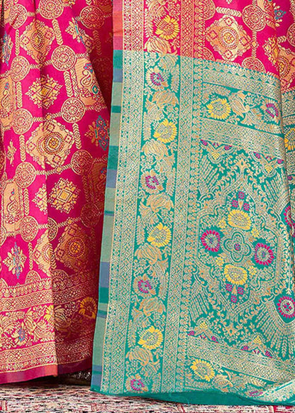 Regal Rani Pink Banarasi Silk Saree with Aqua Zari Pallu