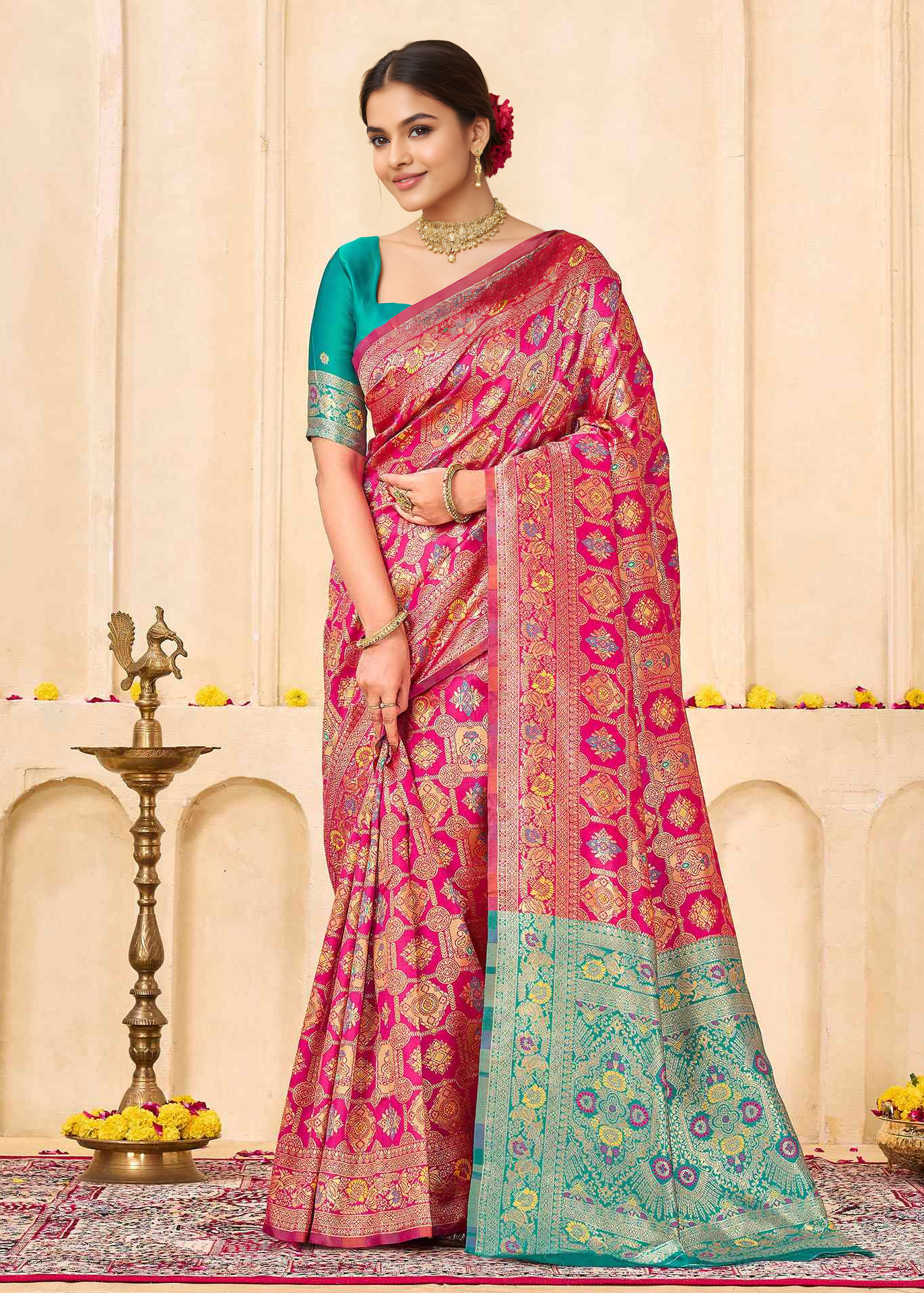 Regal Rani Pink Banarasi Silk Saree with Aqua Zari Pallu
