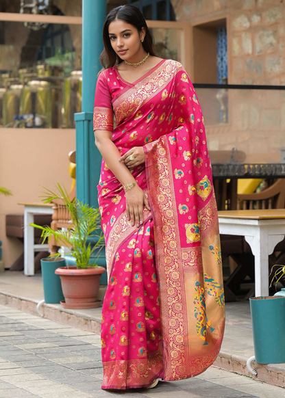 Elegant Rani Pink Banarasi Silk Saree with Antique Gold Zari Work