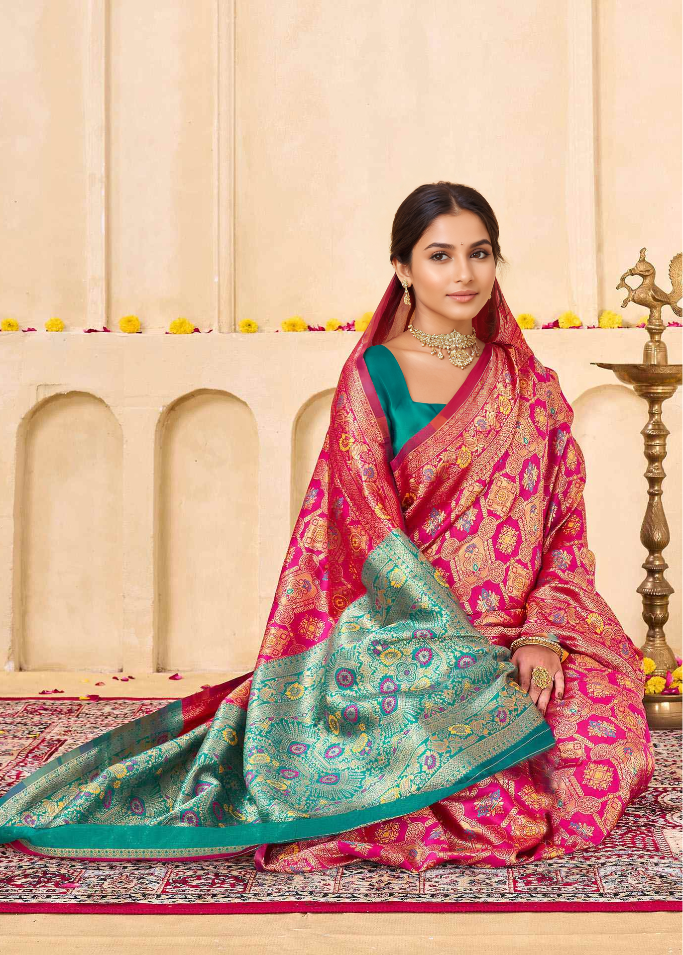 Regal Rani Pink Banarasi Silk Saree with Aqua Zari Pallu