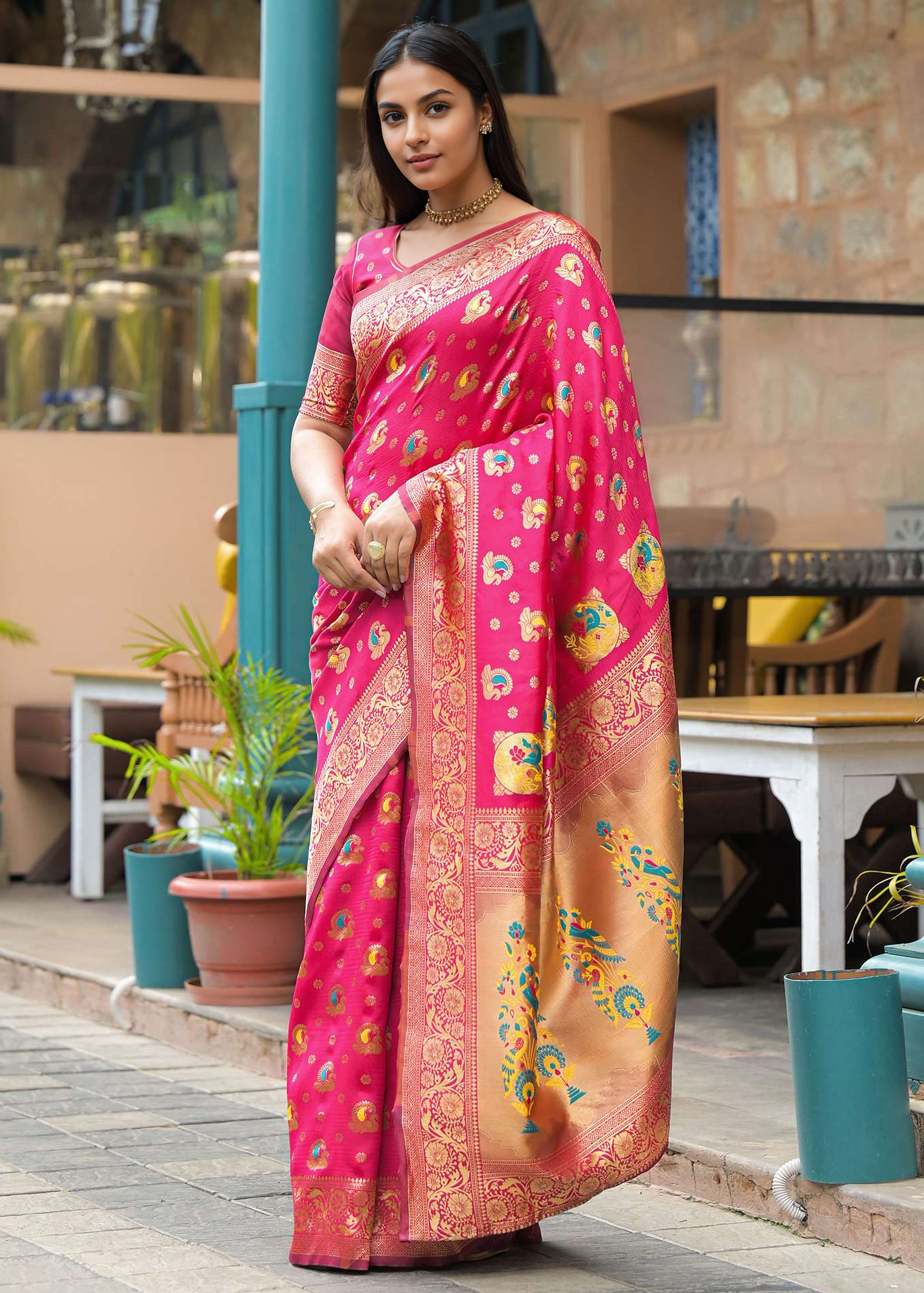 Elegant Rani Pink Banarasi Silk Saree with Antique Gold Zari Work