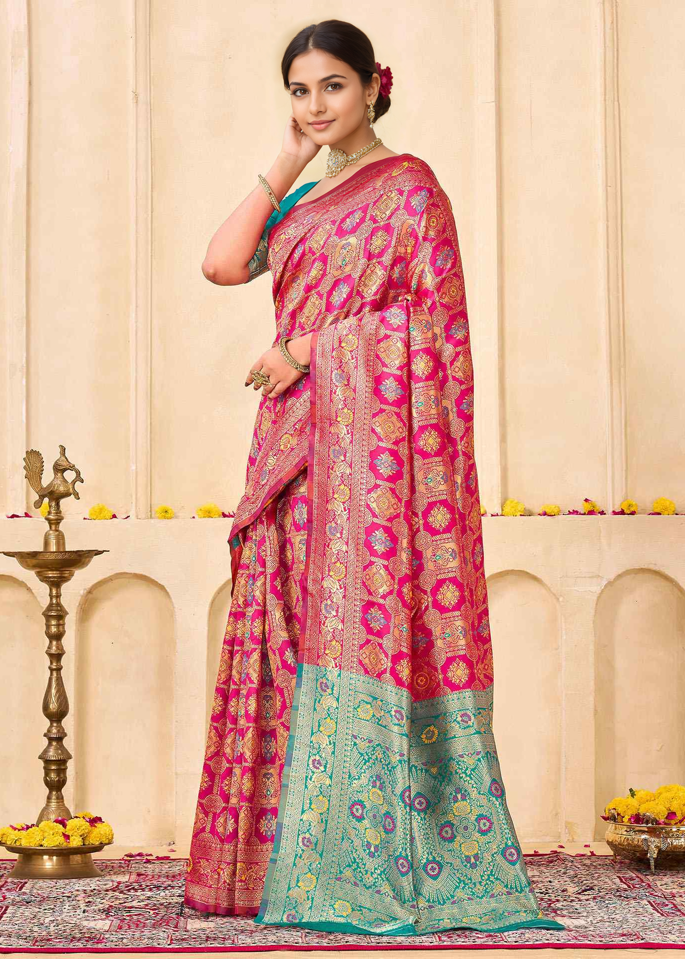 Regal Rani Pink Banarasi Silk Saree with Aqua Zari Pallu