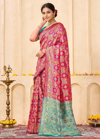 Regal Rani Pink Banarasi Silk Saree with Aqua Zari Pallu
