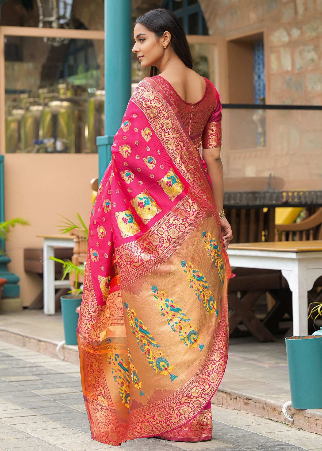 Elegant Rani Pink Banarasi Silk Saree with Antique Gold Zari Work