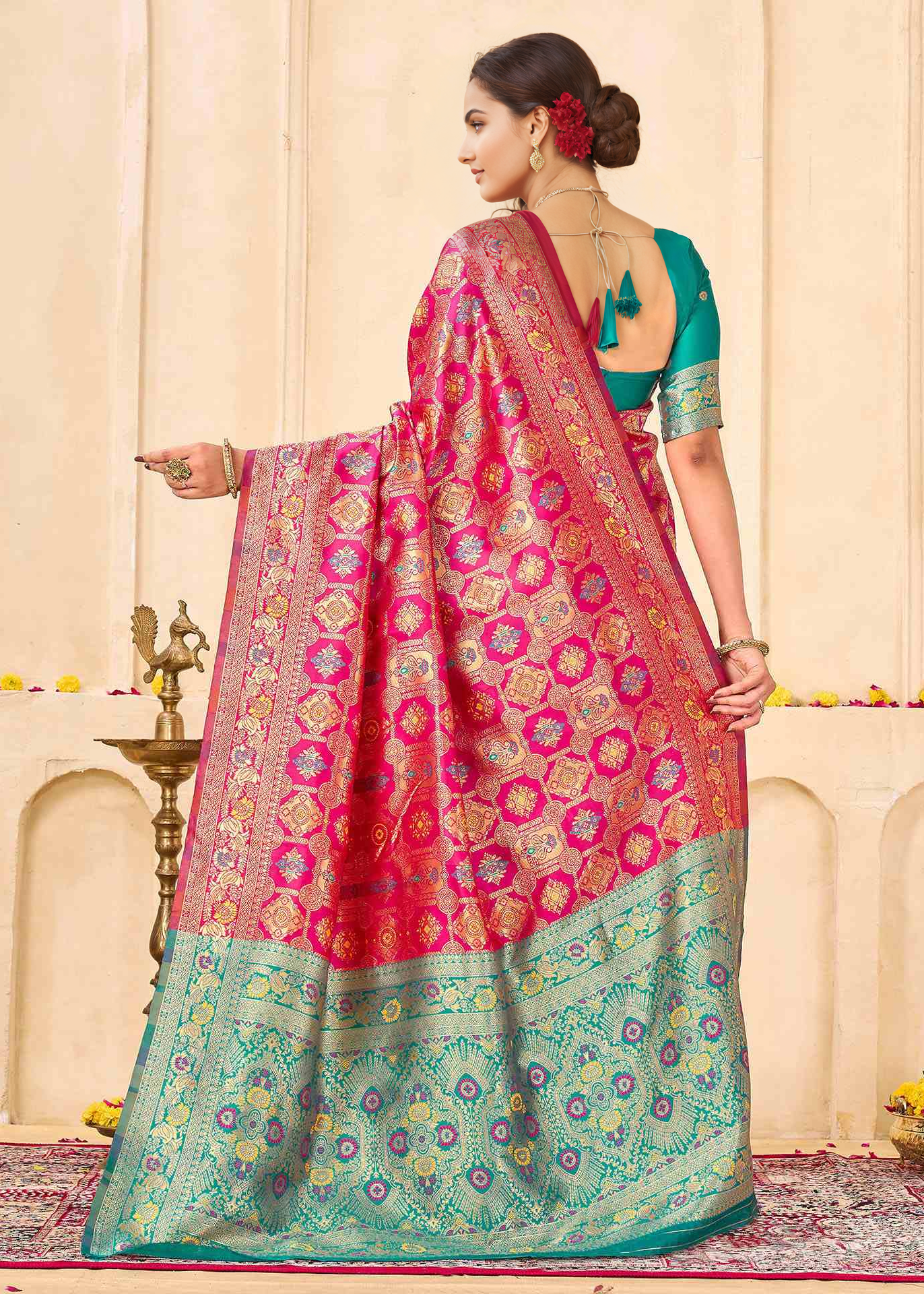 Regal Rani Pink Banarasi Silk Saree with Aqua Zari Pallu