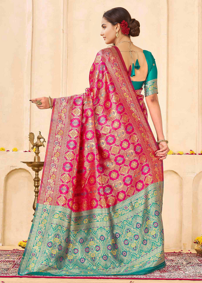 Regal Rani Pink Banarasi Silk Saree with Aqua Zari Pallu