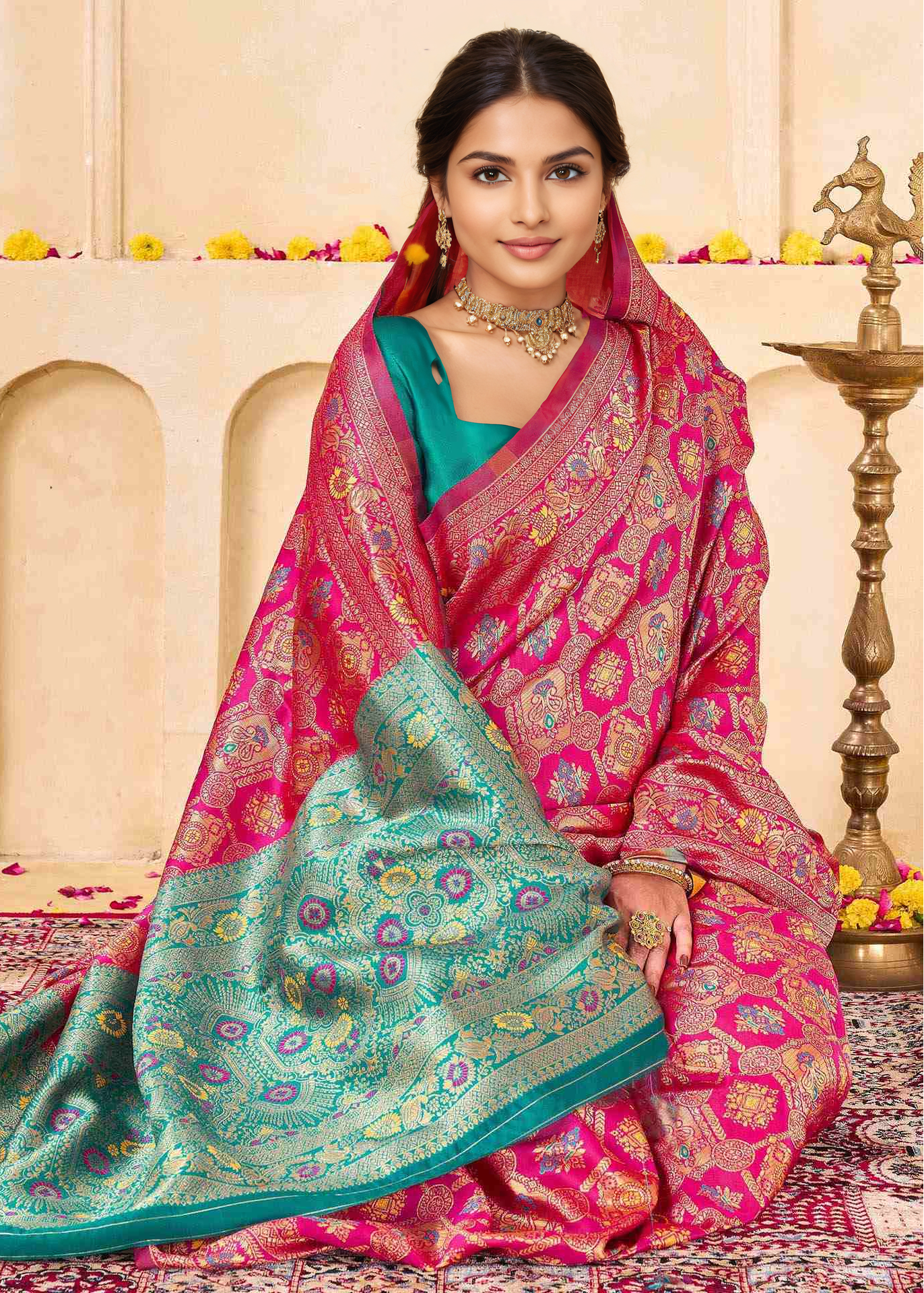 Regal Rani Pink Banarasi Silk Saree with Aqua Zari Pallu