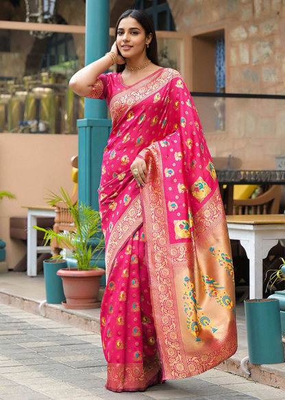 Elegant Rani Pink Banarasi Silk Saree with Antique Gold Zari Work