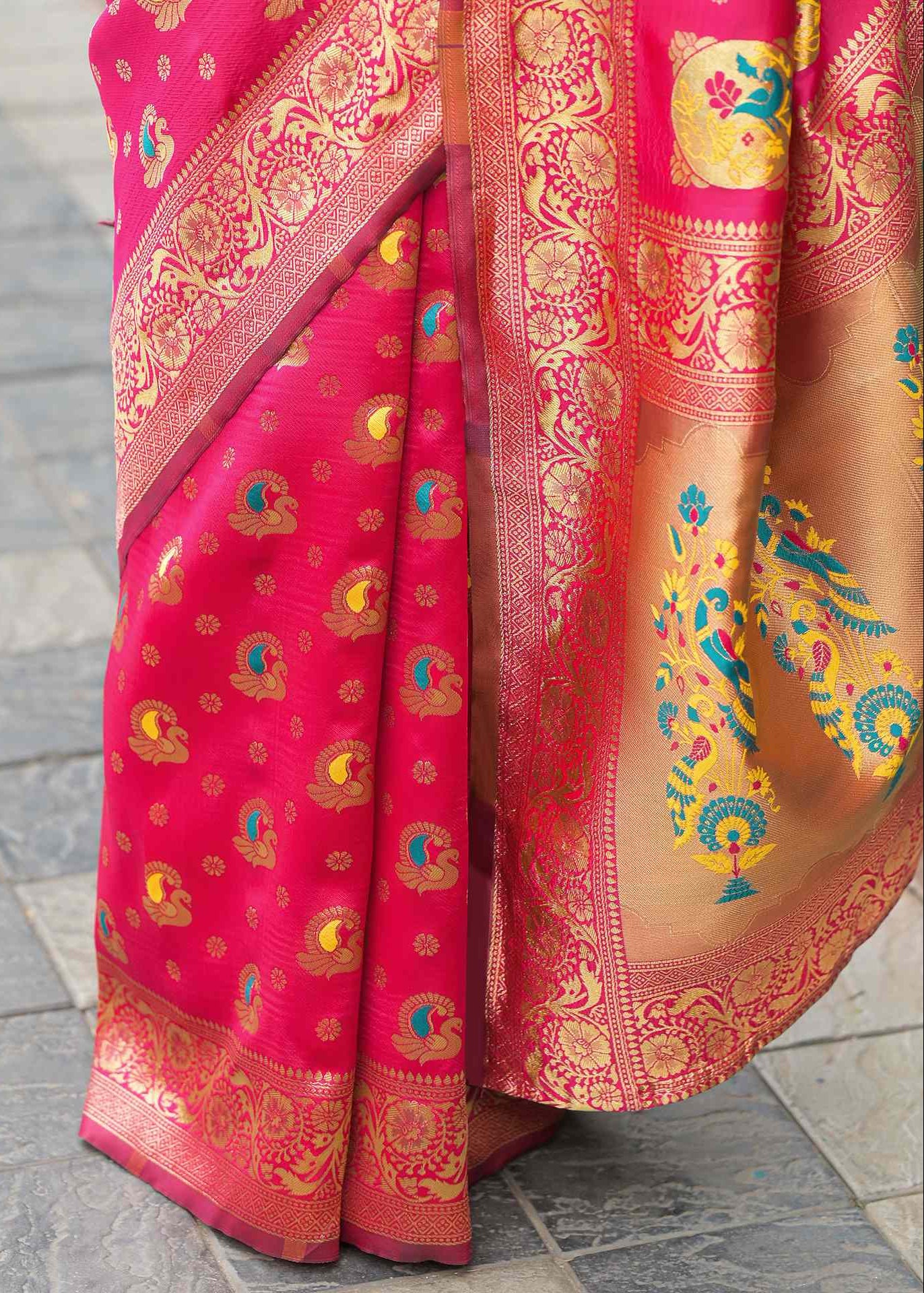 Elegant Rani Pink Banarasi Silk Saree with Antique Gold Zari Work