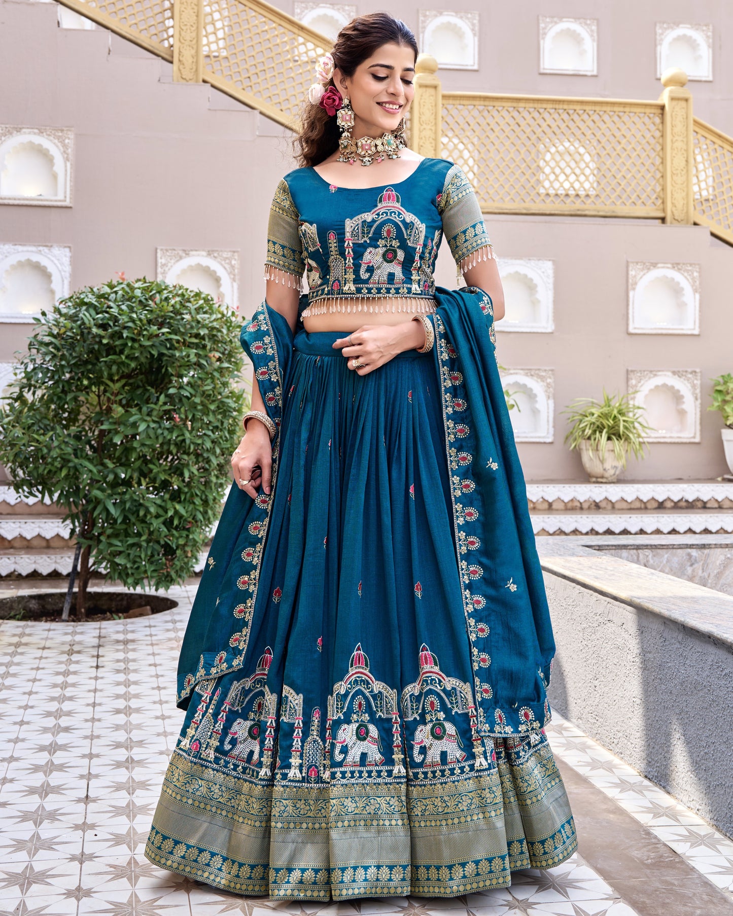 Royal Heritage Teal Temple Lehenga Set