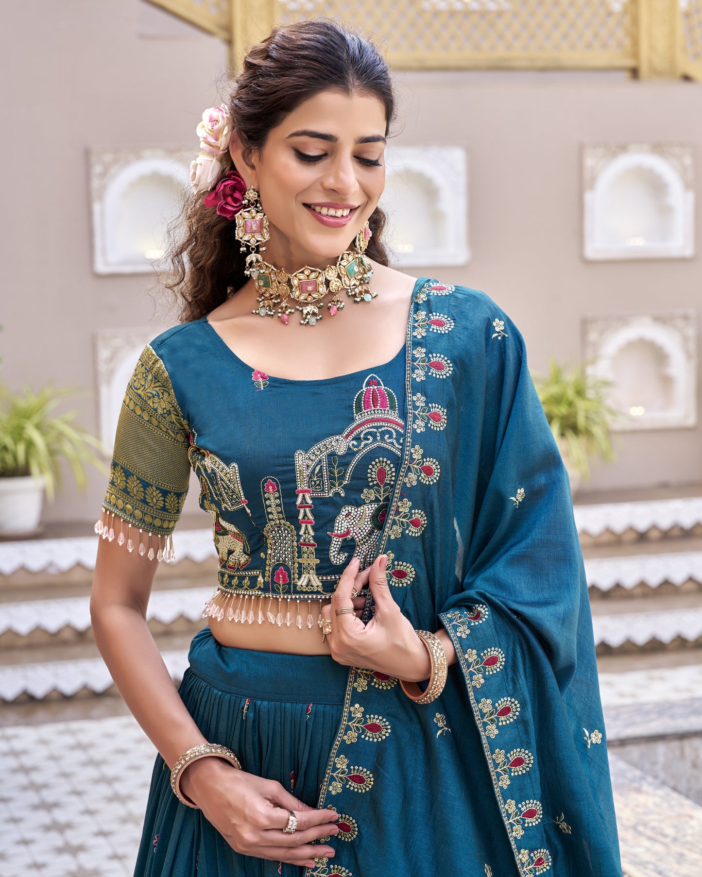 Royal Heritage Teal Temple Lehenga Set