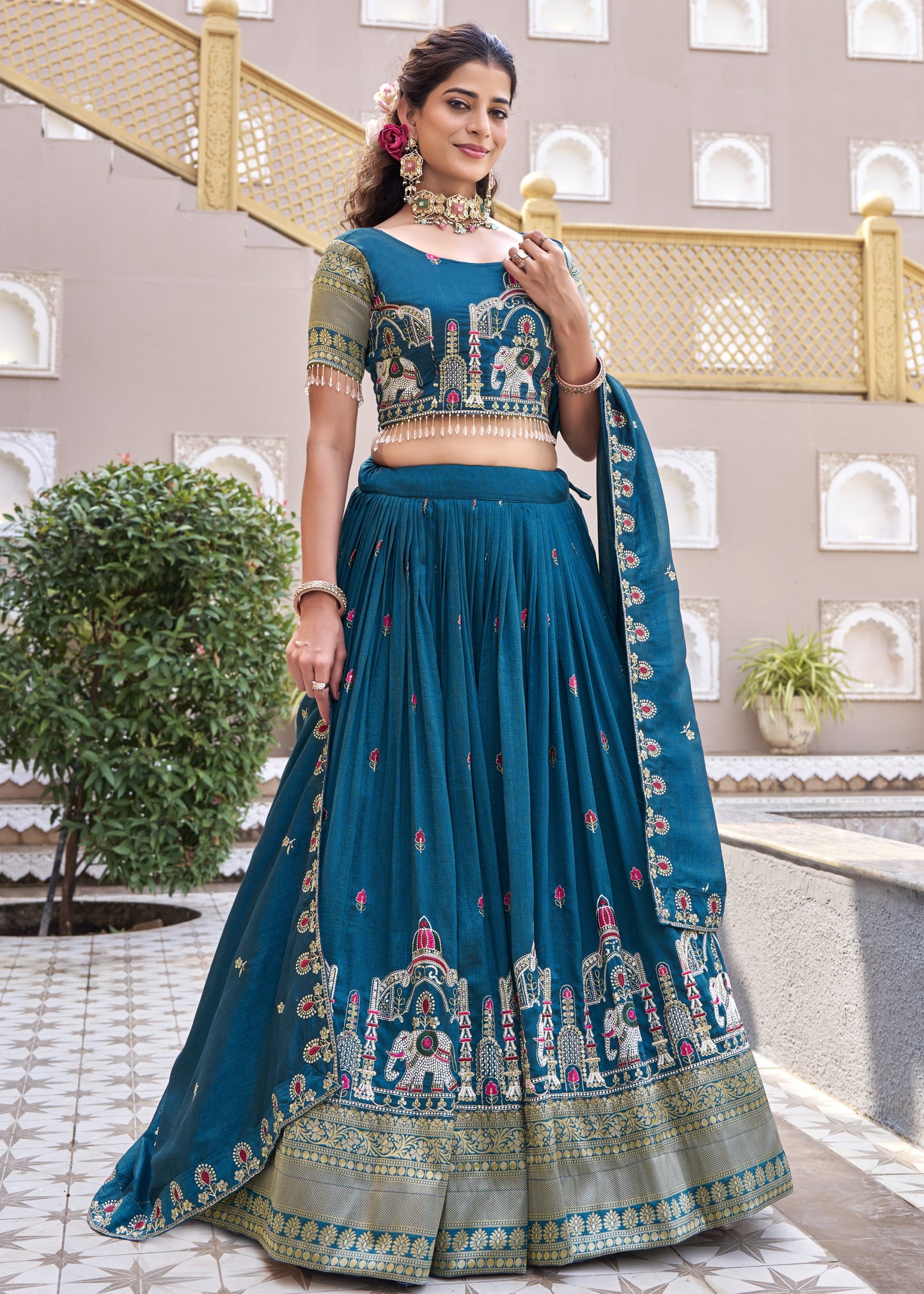 Royal Heritage Teal Temple Lehenga Set