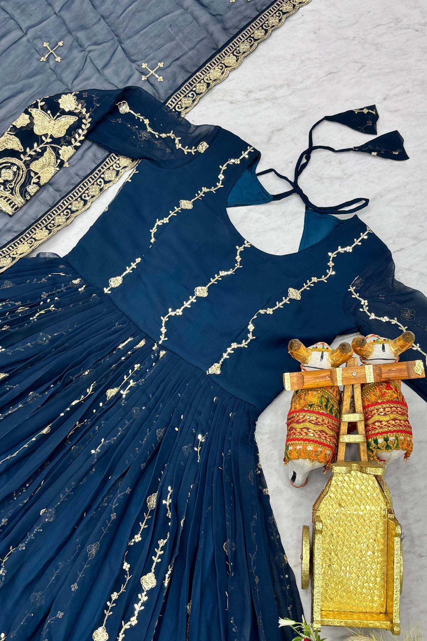 Teal Blue Georgette Anarkali Gown with Dupatta