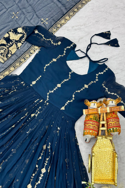 Teal Blue Georgette Anarkali Gown with Dupatta