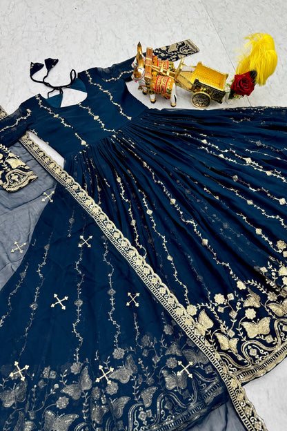 Teal Blue Georgette Anarkali Gown with Dupatta