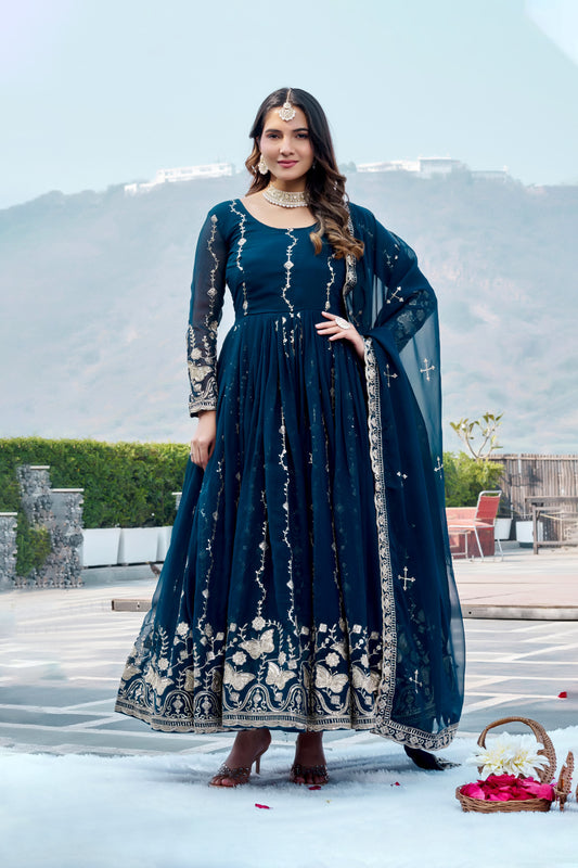 Teal Blue Georgette Anarkali Gown with Dupatta