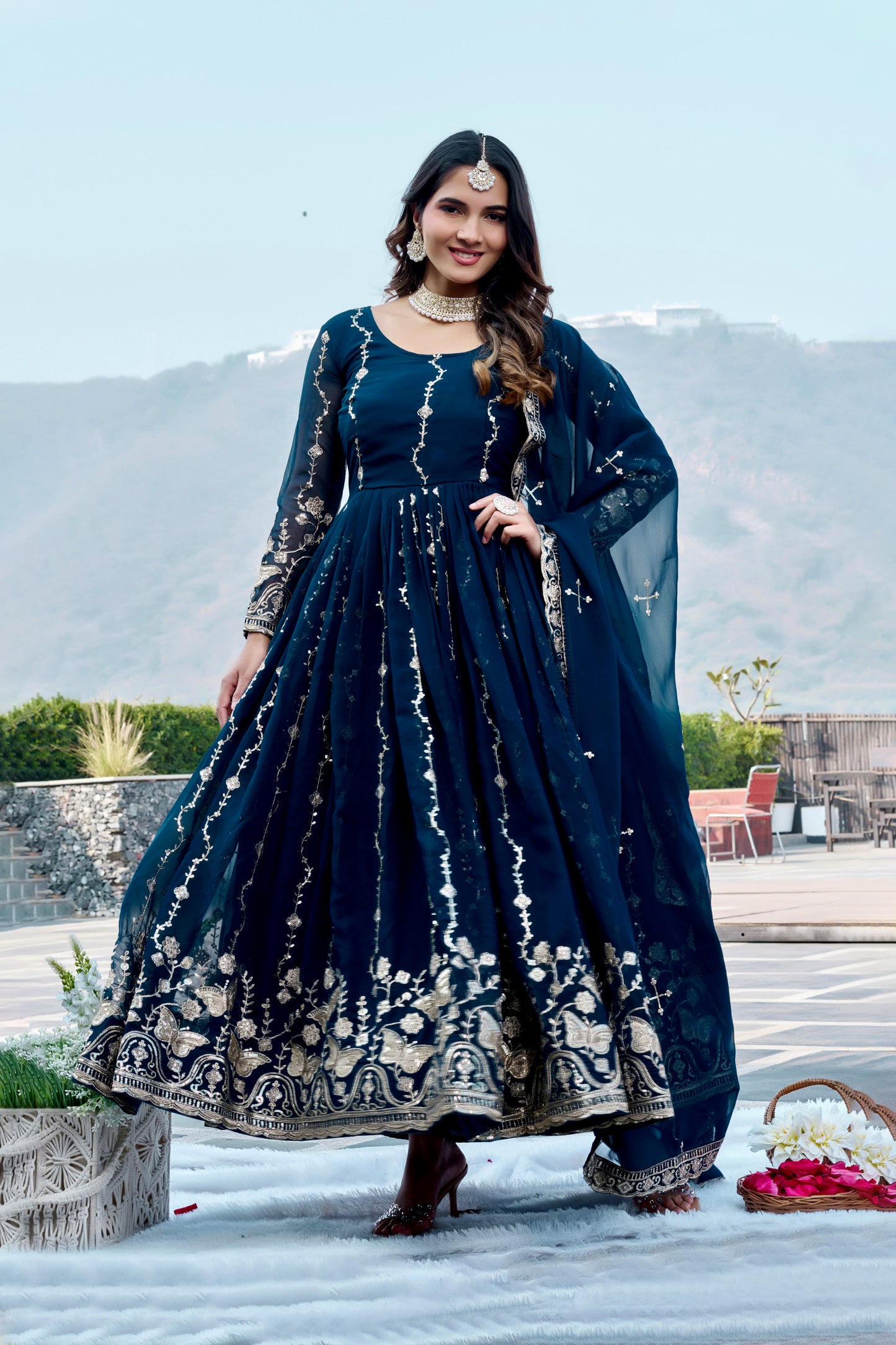 Teal Blue Georgette Anarkali Gown with Dupatta