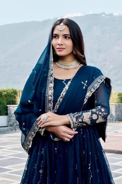 Teal Blue Georgette Anarkali Gown with Dupatta