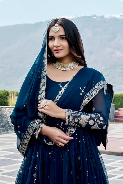 Teal Blue Georgette Anarkali Gown with Dupatta