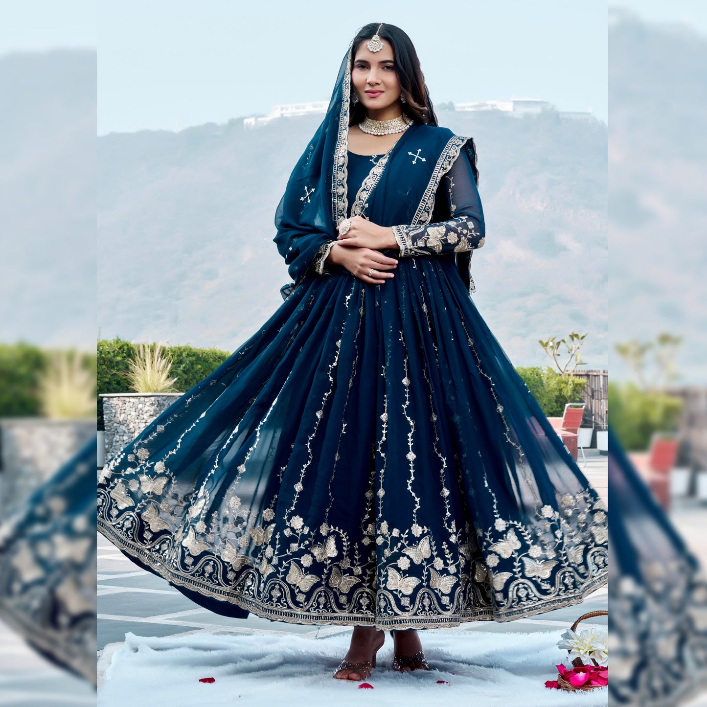 Teal Blue Georgette Anarkali Gown with Dupatta