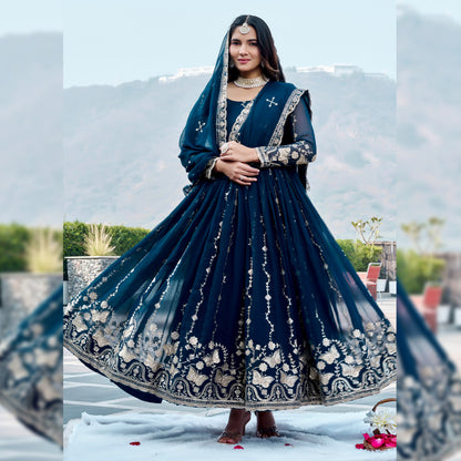 Teal Blue Georgette Anarkali Gown with Dupatta