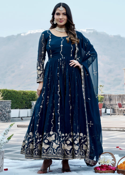 Teal Blue Georgette Anarkali Gown with Dupatta