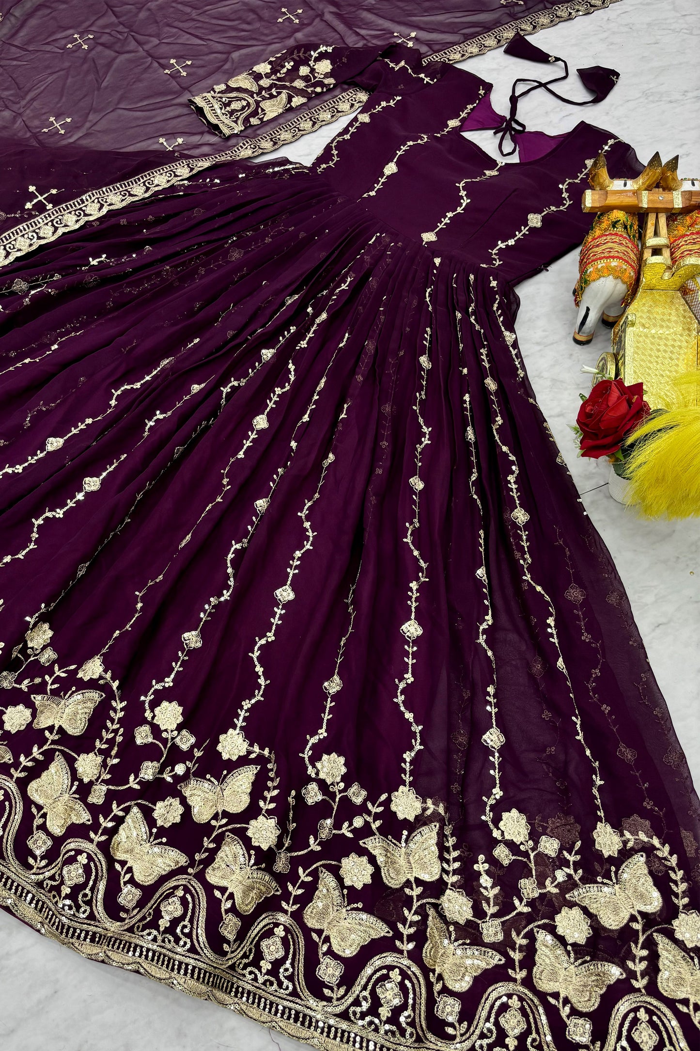 Deep Purple Georgette Anarkali Gown With Dupatta