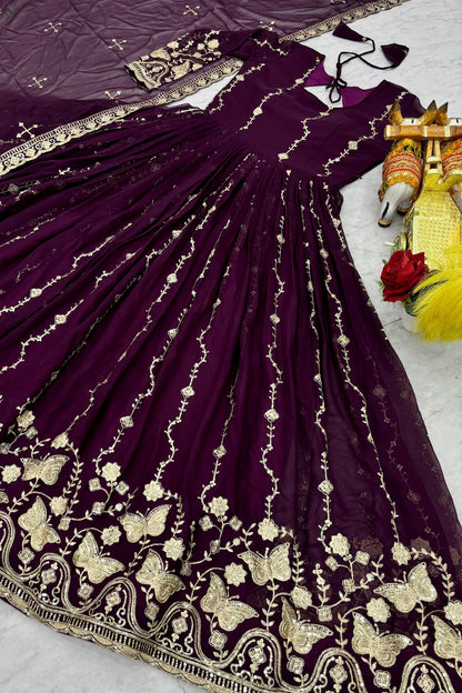 Deep Purple Georgette Anarkali Gown With Dupatta