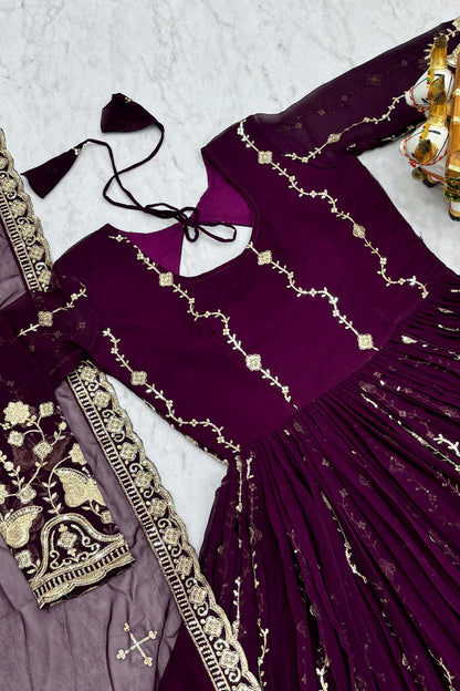 Deep Purple Georgette Anarkali Gown With Dupatta