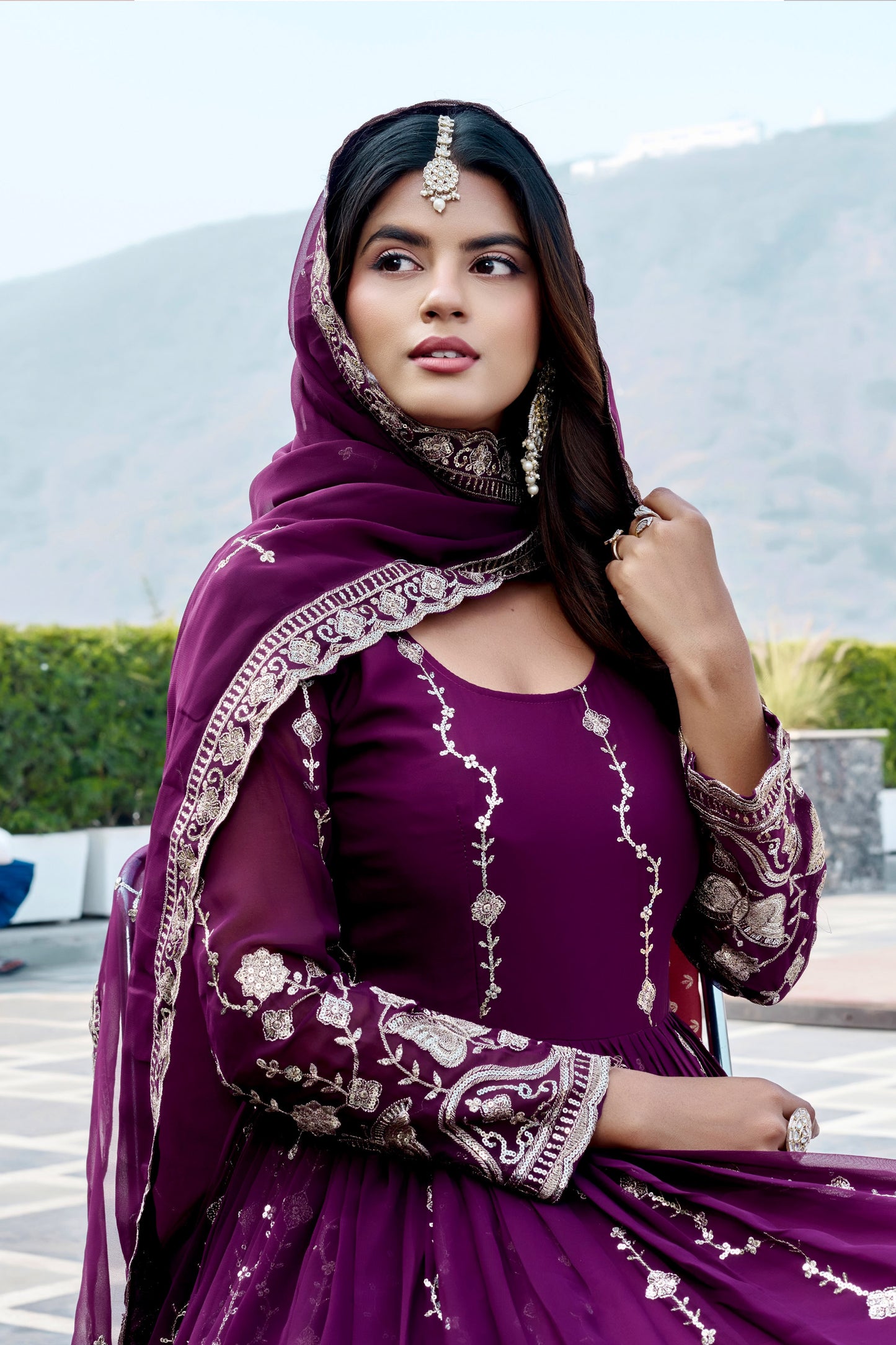 Deep Purple Georgette Anarkali Gown With Dupatta