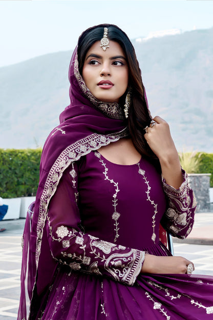 Deep Purple Georgette Anarkali Gown With Dupatta