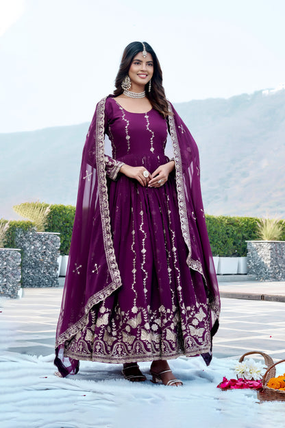 Deep Purple Georgette Anarkali Gown With Dupatta