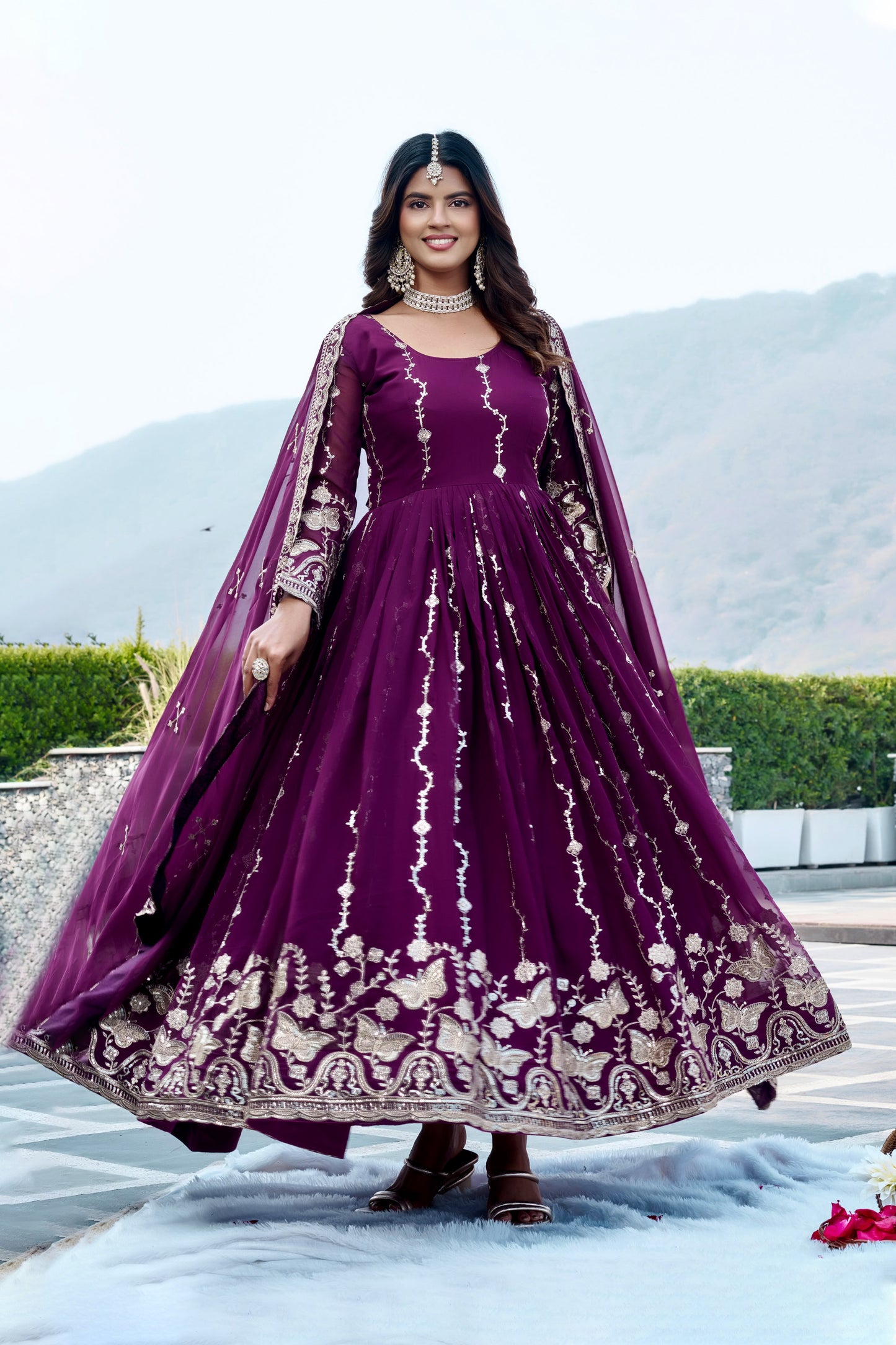 Deep Purple Georgette Anarkali Gown With Dupatta