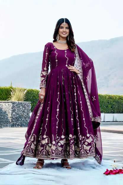Deep Purple Georgette Anarkali Gown With Dupatta