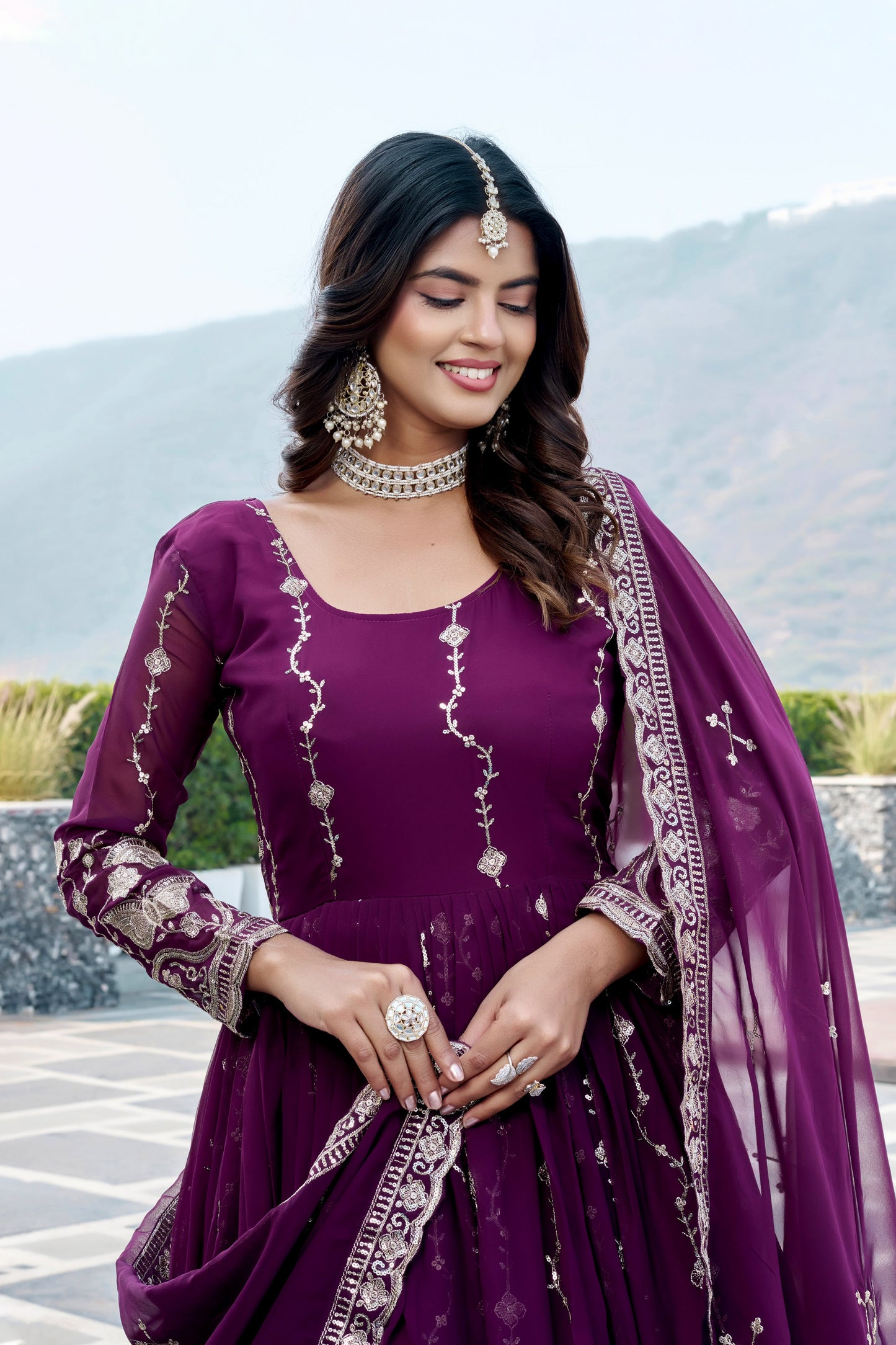 Deep Purple Georgette Anarkali Gown With Dupatta