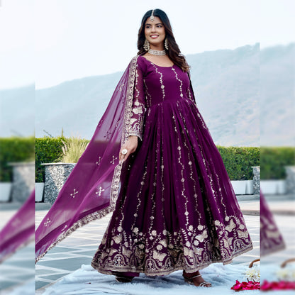Deep Purple Georgette Anarkali Gown With Dupatta