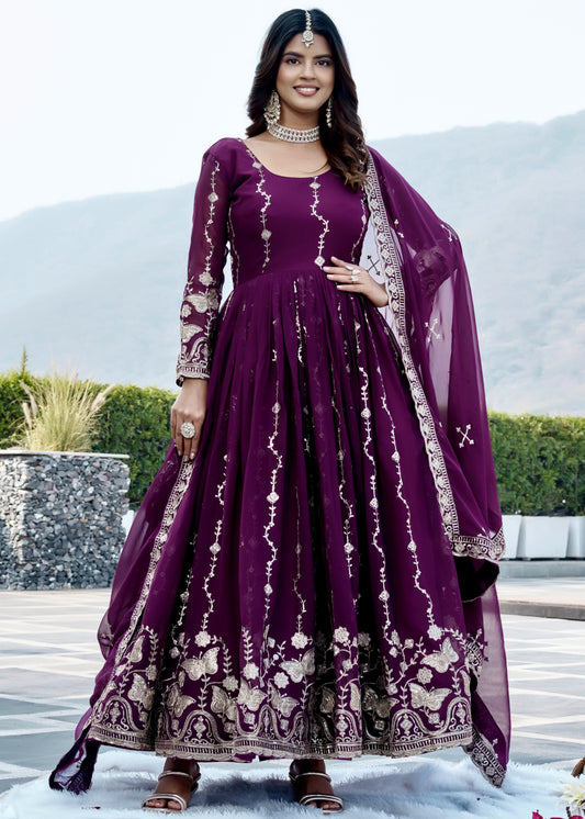 Deep Purple Georgette Anarkali Gown With Dupatta