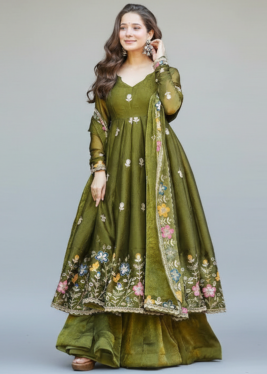 Garden of Dreams — An Olive Green Floral Anarkali Suit Set