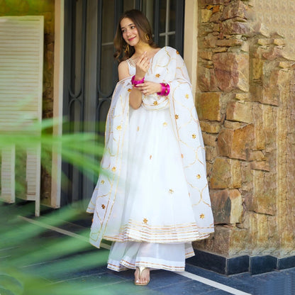 Meraki White Embroidered Georgette Anarkali Suit Set