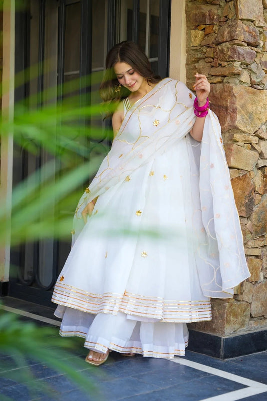 Meraki White Embroidered Georgette Anarkali Suit Set