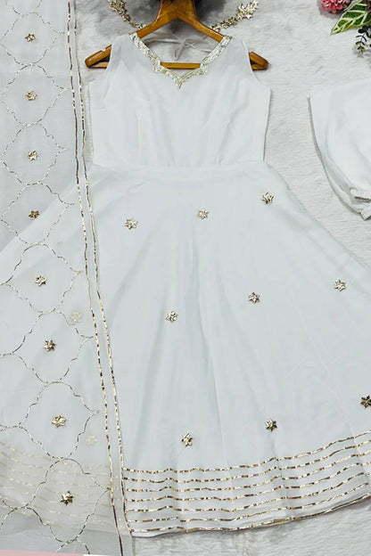 Meraki White Embroidered Georgette Anarkali Suit Set