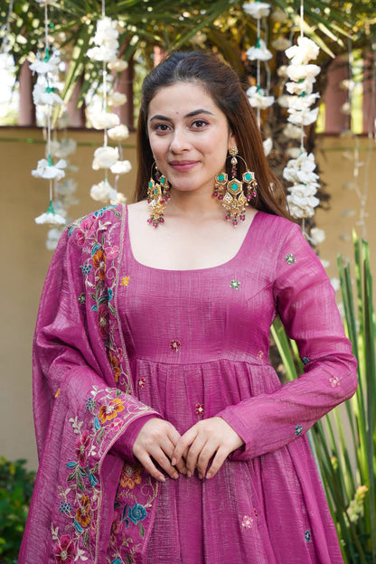 Gulzar Dusty Rose Floral Embroidered Anarkali Suit Set