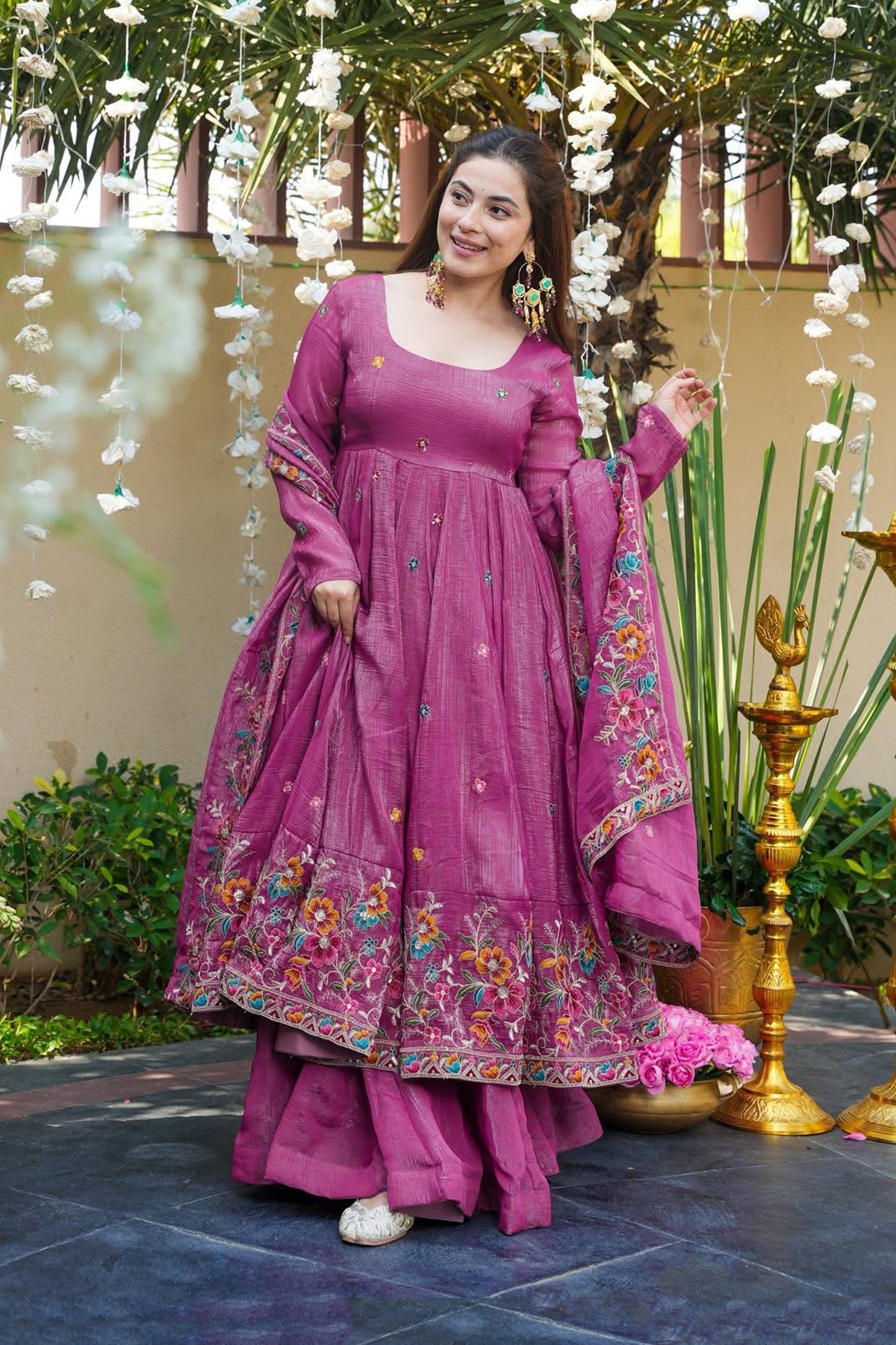 Gulzar Dusty Rose Floral Embroidered Anarkali Suit Set