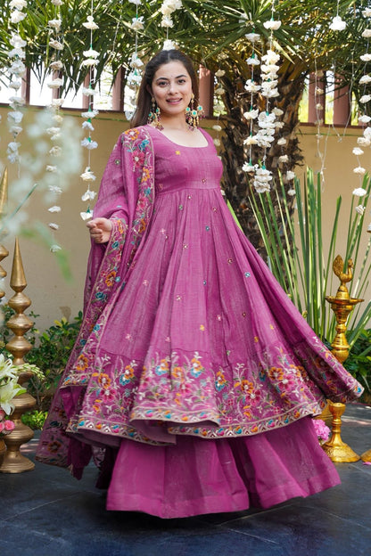 Gulzar Dusty Rose Floral Embroidered Anarkali Suit Set