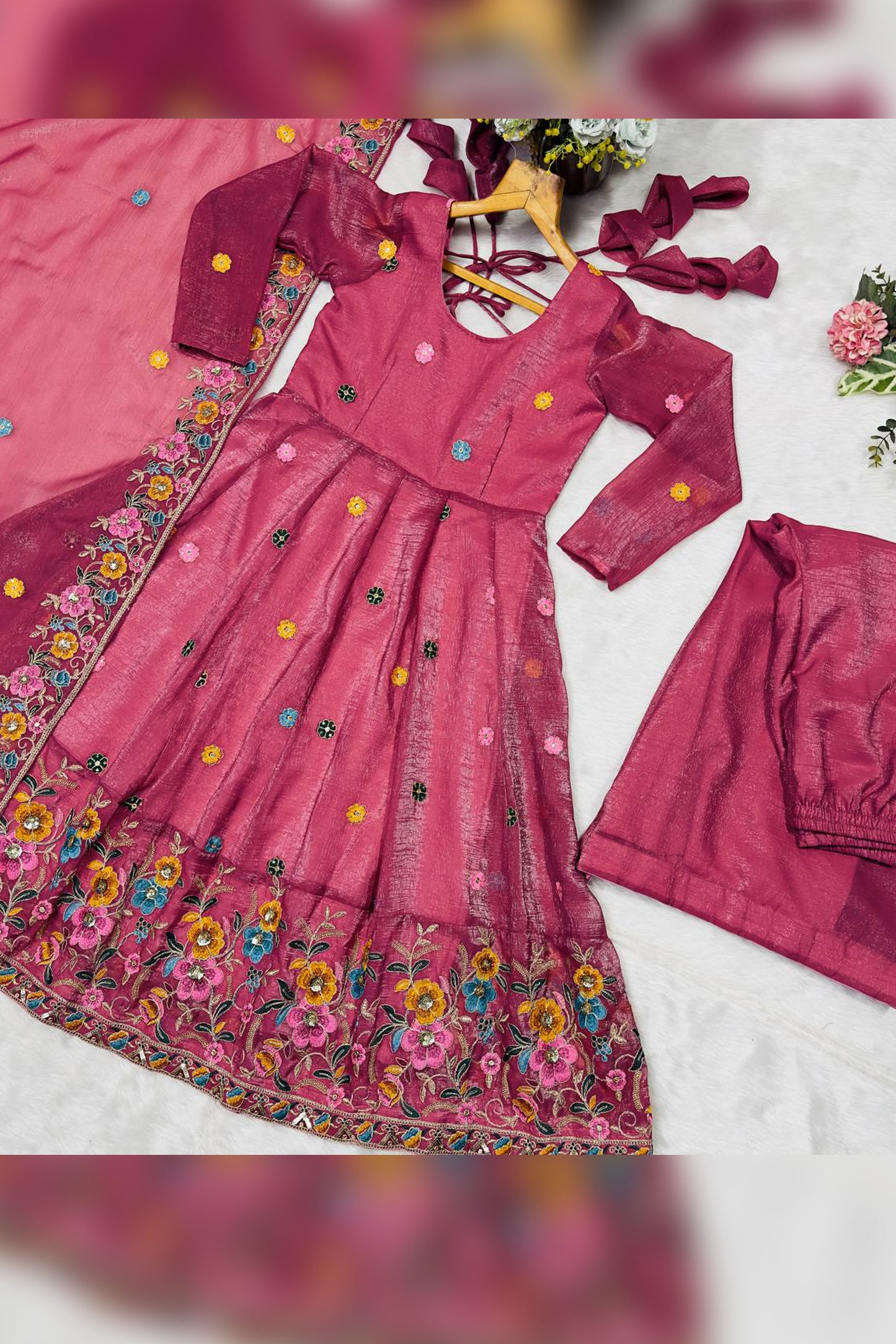 Gulzar Dusty Rose Floral Embroidered Anarkali Suit Set